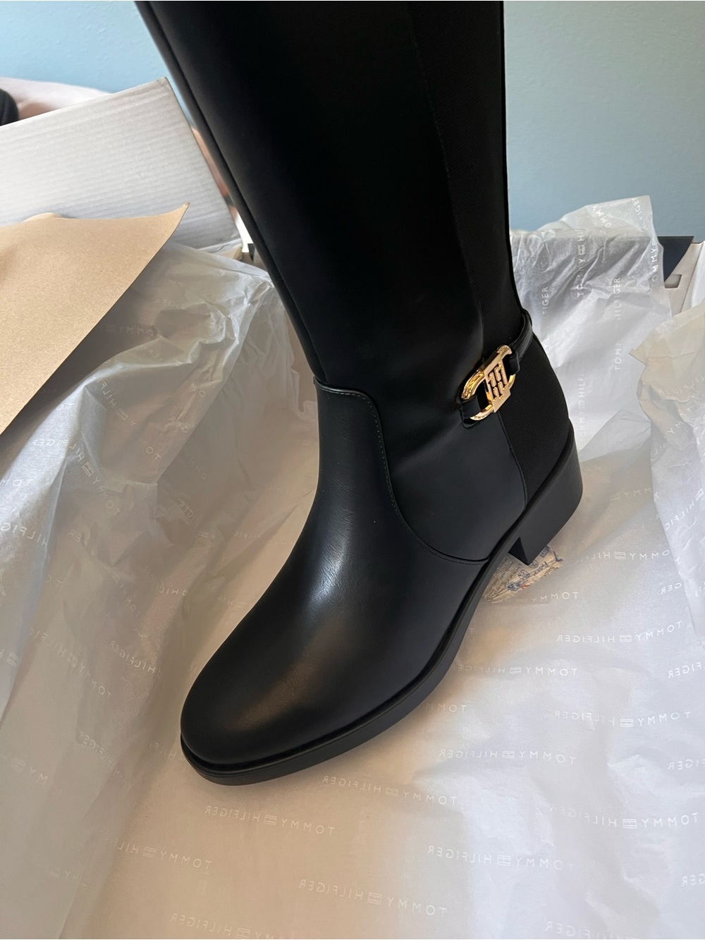 Tommy Hilfiger Black Imizza Tall Riding Boots with Gold Logo Accent
